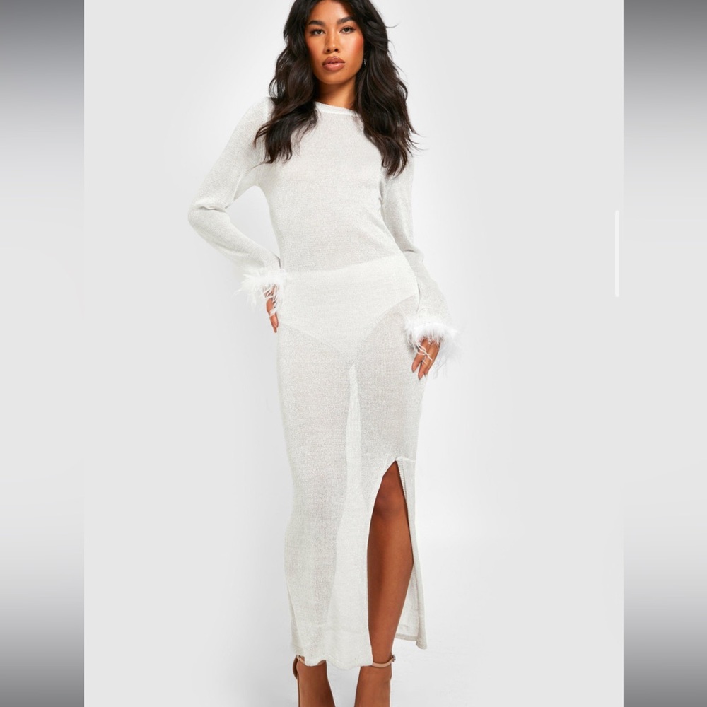 Boohoo | 4 | Sheer Glitter Dress w Feather Trim